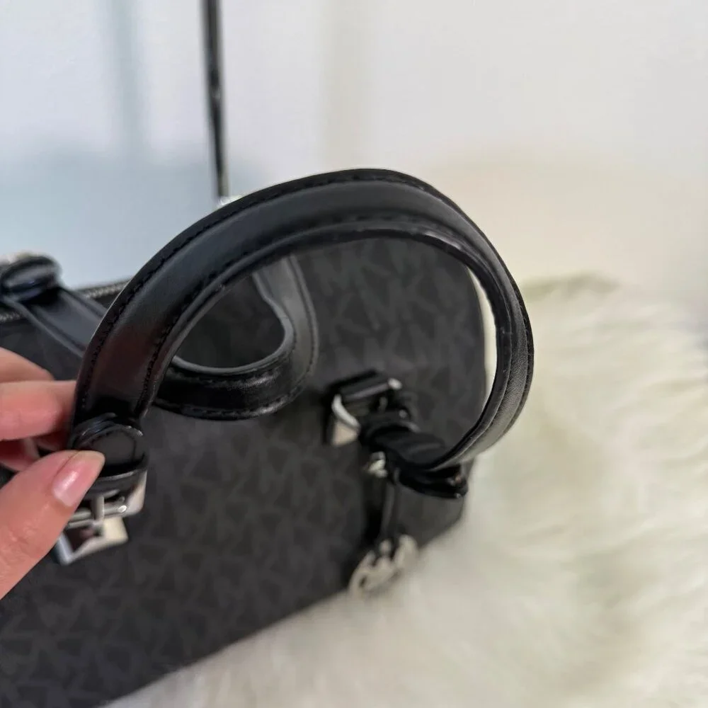 Michael Kors Grayson Signature MK Black Satchel Duffle Saffiano Leather Handbag